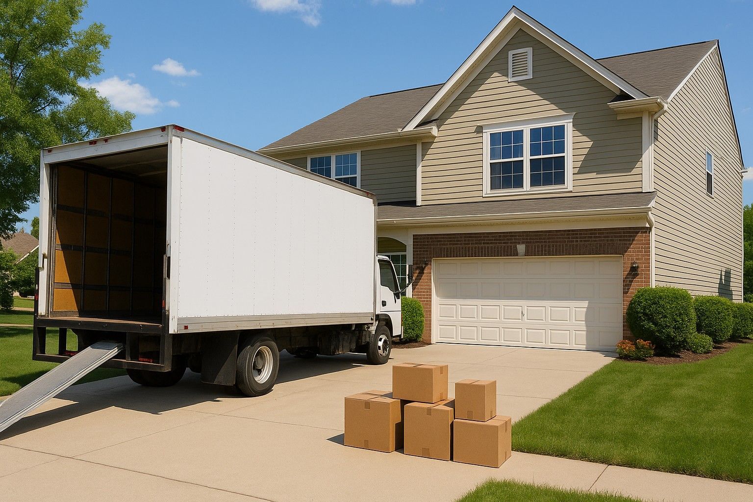 Moving truck unloading boxes in front of a suburban house with an open garage.