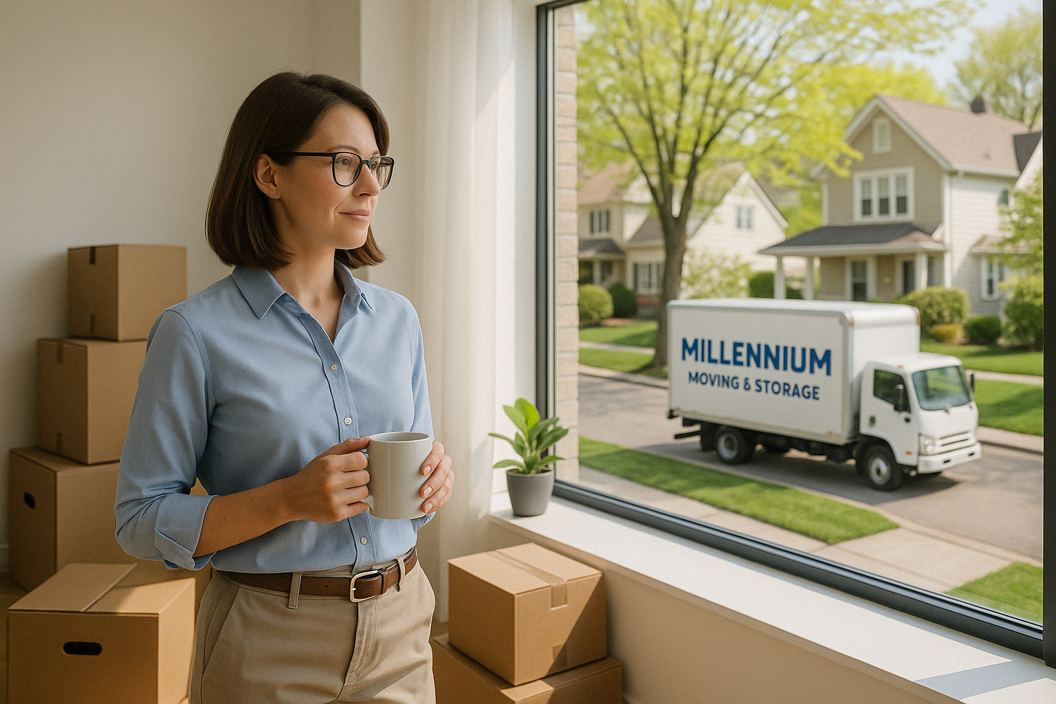 Woman with coffee watching a Millennium Moving truck outside a window beside stacked boxes.