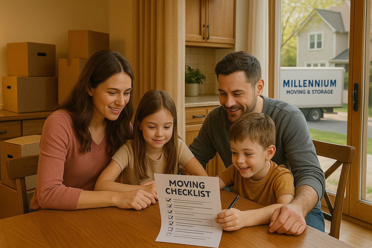 Family reviewing a moving checklist in a packed living room with boxes and a “Millennium Moving” sign visible.