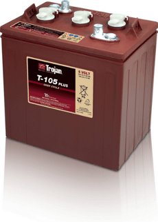 Trojan T-105 Plus 6-volt deep-cycle battery in a brown case, with six terminals on top and a product label.