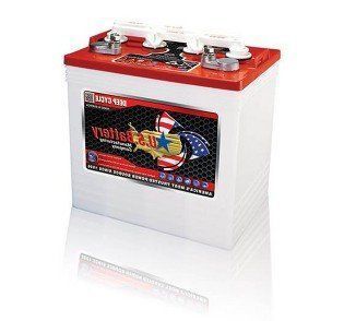 White U.S. Battery with red top, terminals, and colorful label featuring an American flag.
