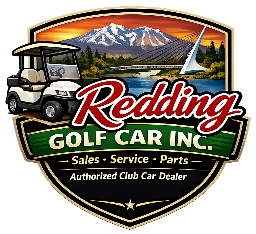 Logo for Redding Golf Car Inc.: a golf cart, mountain landscape, and company services.