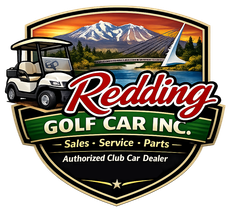 Logo for Redding Golf Car Inc.: a golf cart, mountain landscape, and company services.