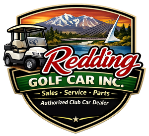 Logo for Redding Golf Car Inc.: a golf cart, mountain landscape, and company services.
