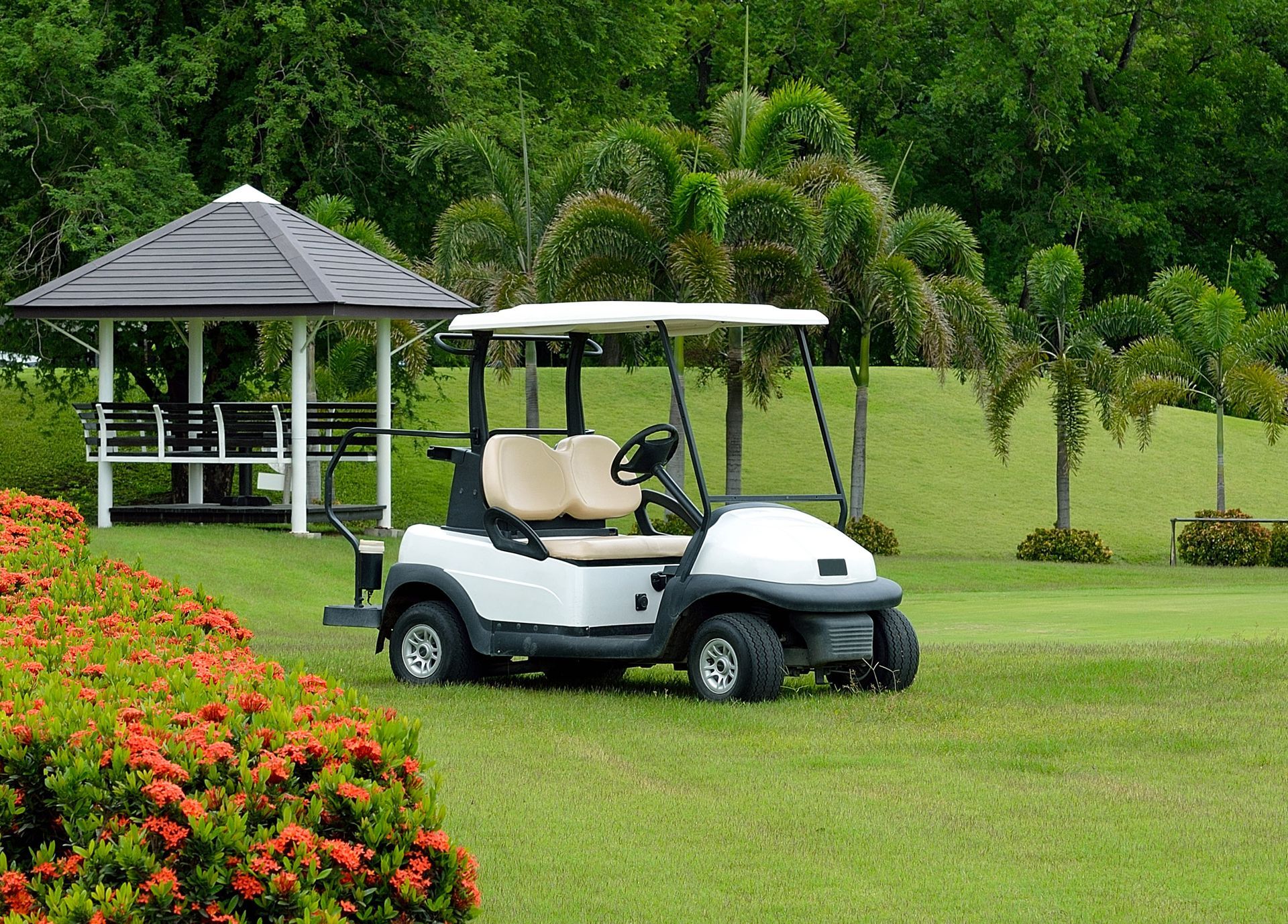 White golf cart parked on a green lawn near a gazebo and red flowering bushes.