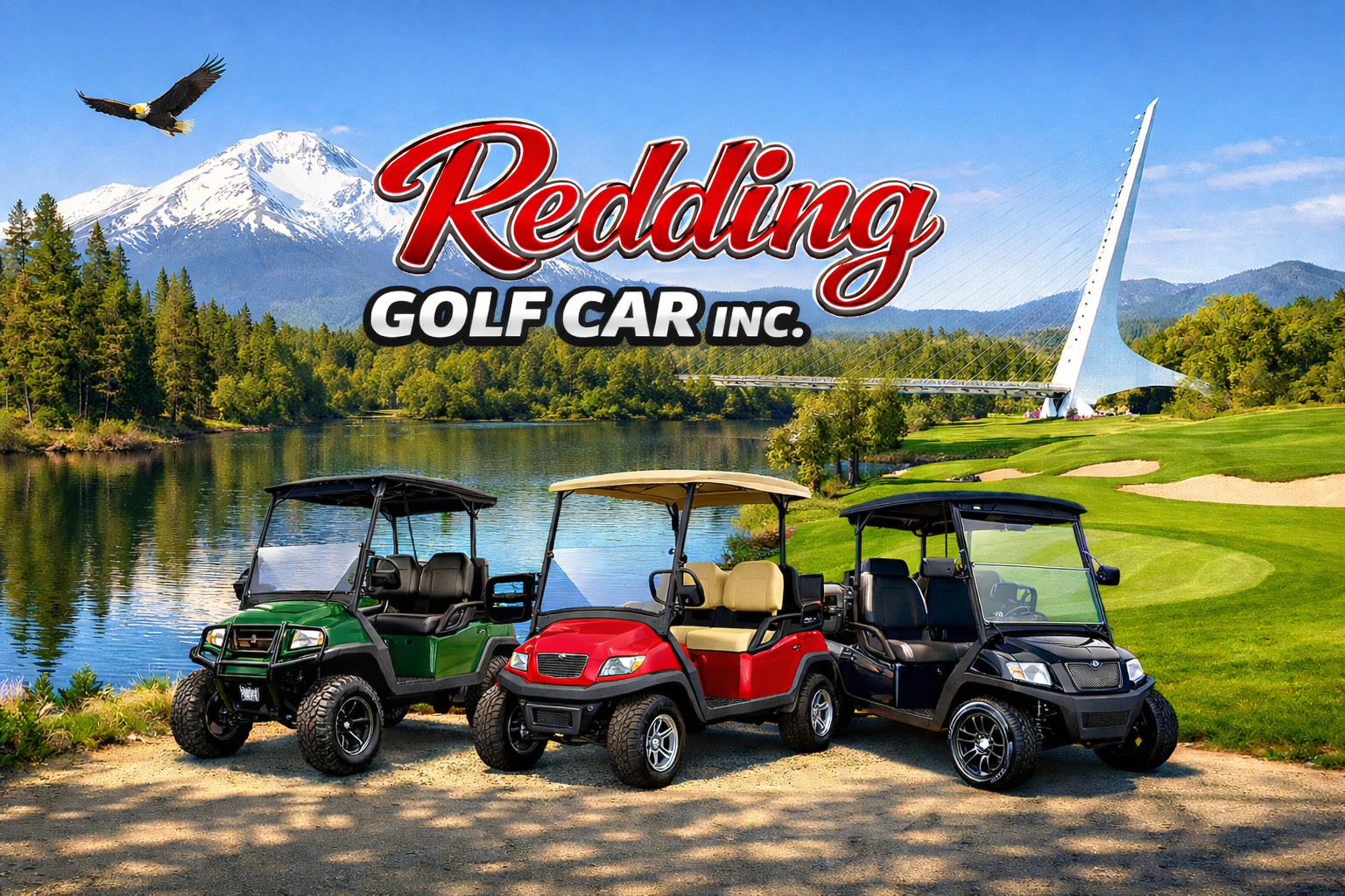 Three golf carts in front of a lake and mountains, with the text 