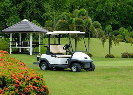 White golf cart parked on a green lawn near a gazebo and red flowering bushes.