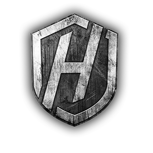 A black and white shield with the letter h on it.