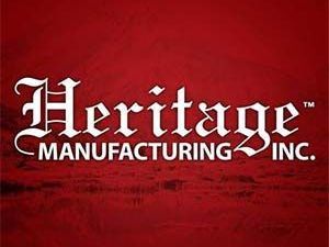 The logo for heritage manufacturing inc. is on a red background