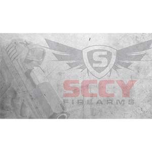 The logo for sccy firearms is on a gray background.