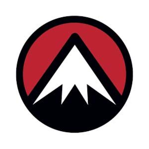 A mountain in a red and black circle on a white background