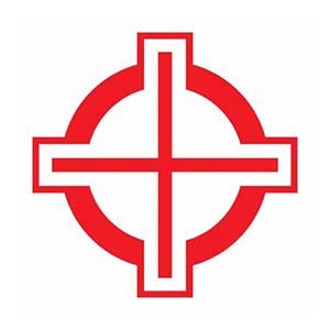 A red and white cross in a circle on a white background.