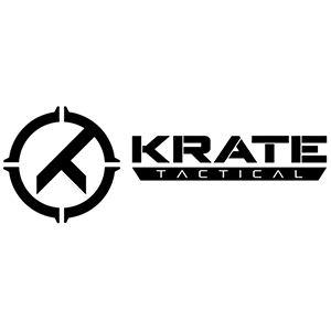 A black and white logo for krate tactical on a white background.