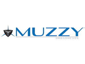 A blue and white logo for muzzy broadheads