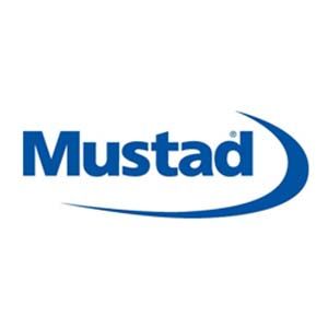 A blue mustad logo on a white background