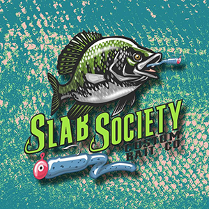 The logo for slab society shows a fish with a lure in its mouth