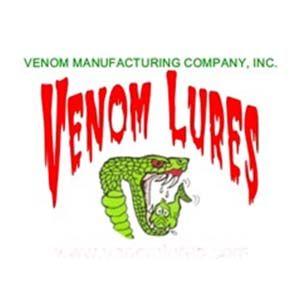 The logo for venom lures shows a snake with its mouth open