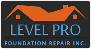 Level Pro Foundation Repair Inc. logo with orange roof and blue text on a dark background