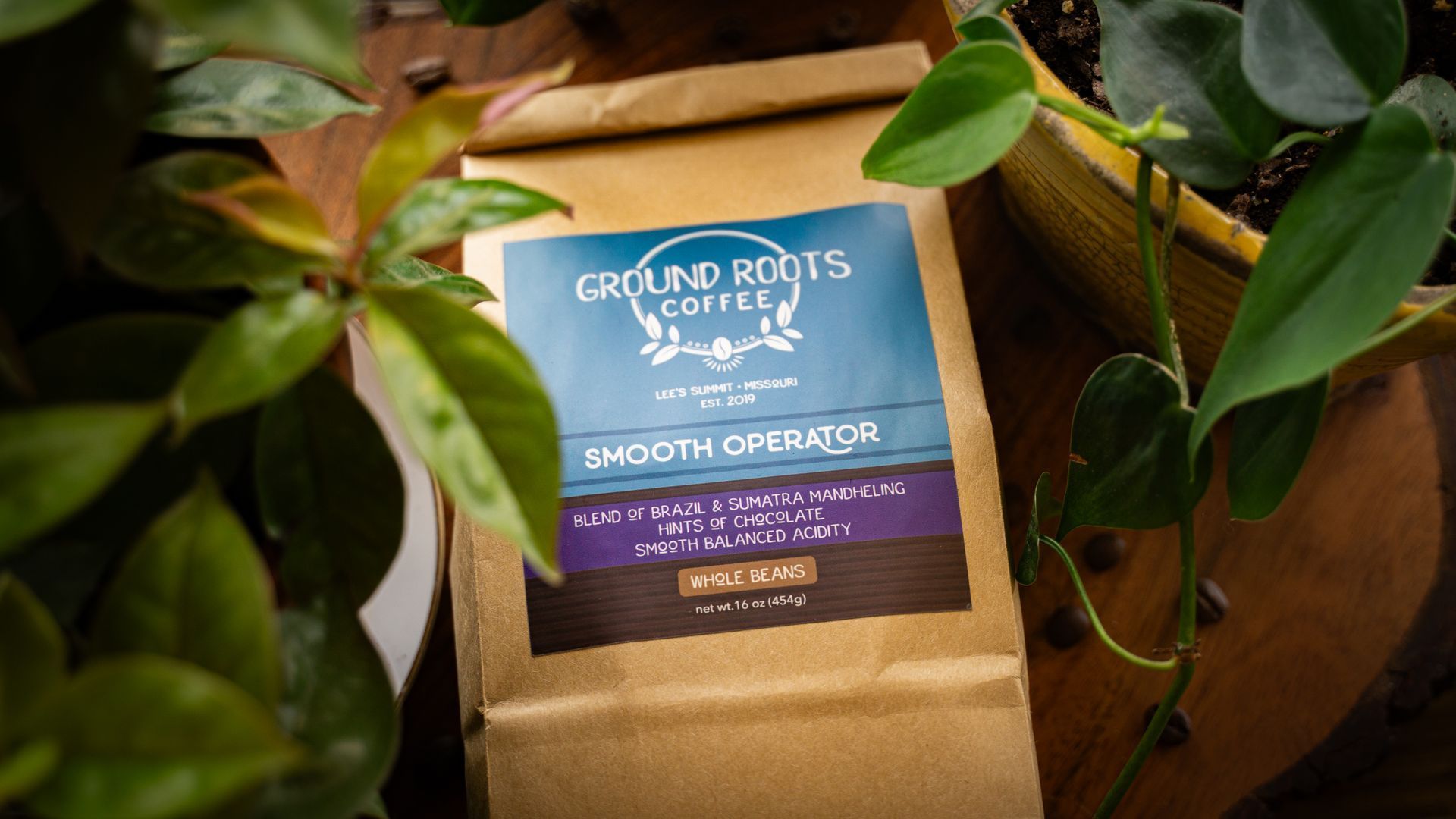 A bag of coffee is sitting on a wooden table next to a potted plant.