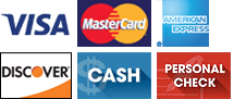 Visa, MasterCard, Amex, Discover, Cash, Personal Check