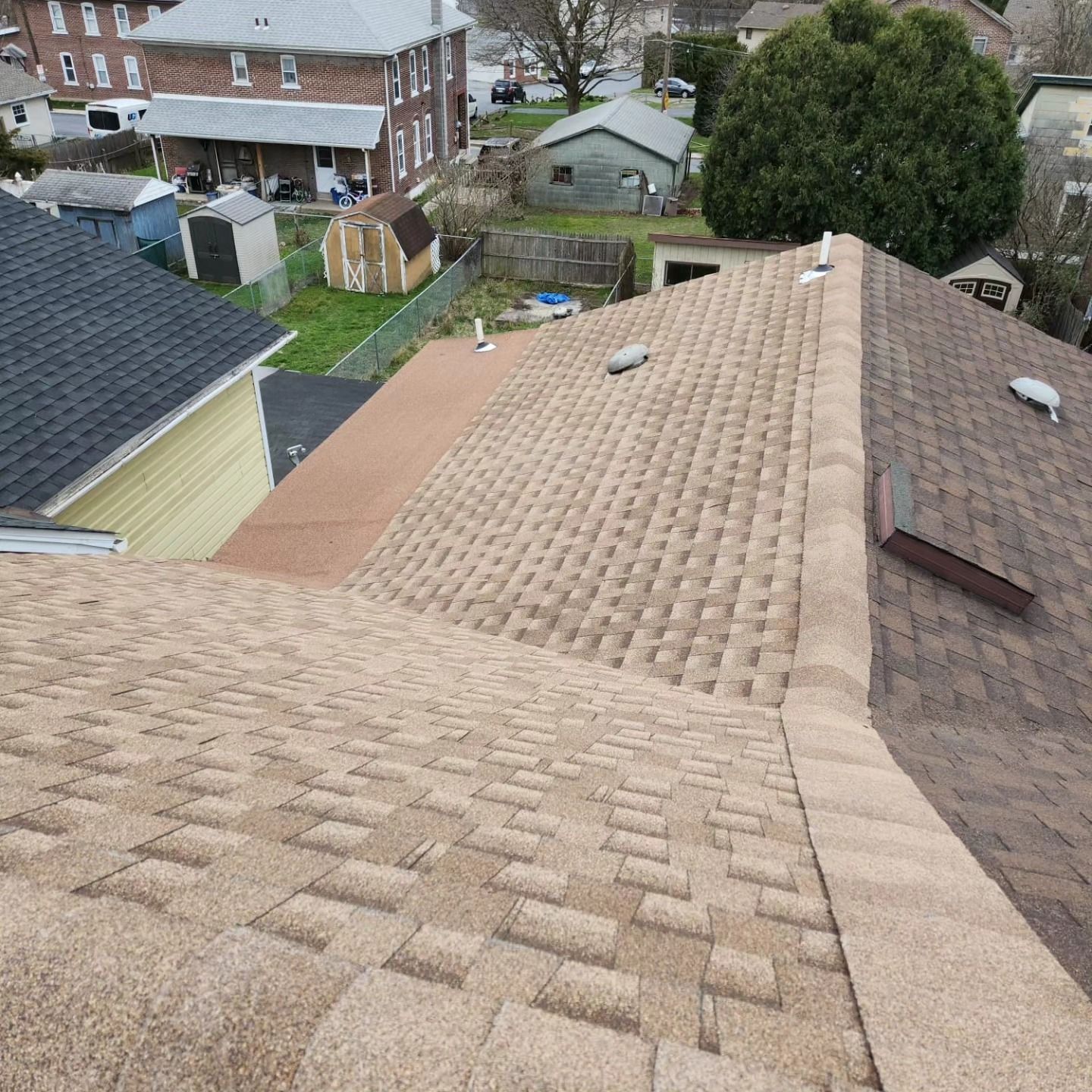 An aerial view of the roof of a house
