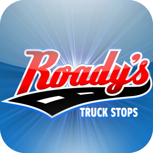 A logo for roady 's truck stops on a blue background