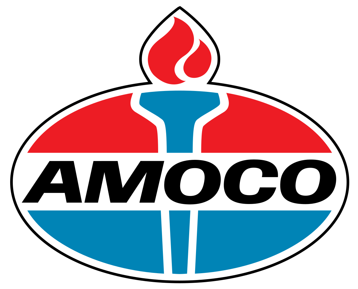 A red , white and blue amoco logo with a torch in the middle.
