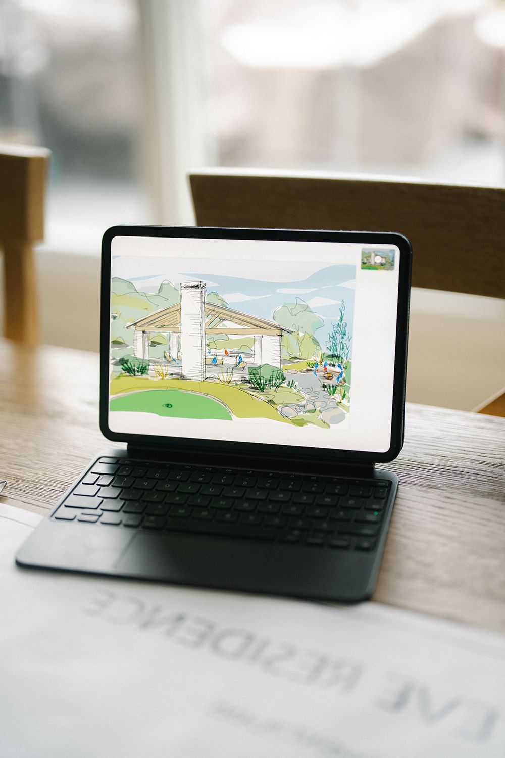 Tablet on a keyboard case displaying a colorful illustration on a café table