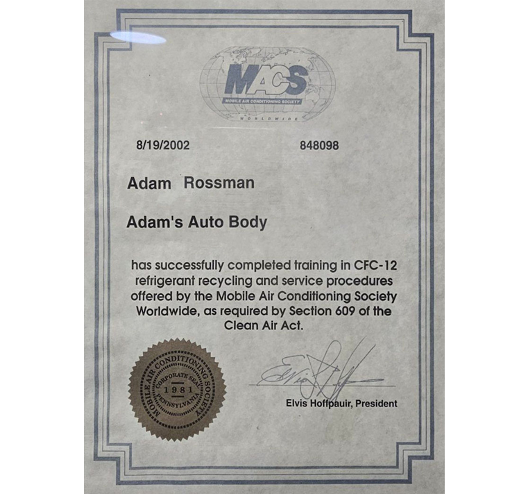 Certificate for Adam Rossman from the Mobile Air Conditioning Society Worldwide for CFC-12 refrigerant recycling training.