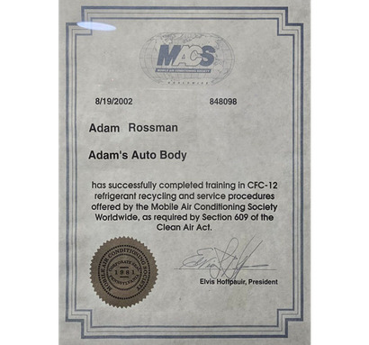 Certificate for Adam Rossman from the Mobile Air Conditioning Society Worldwide for CFC-12 refrigerant recycling training.