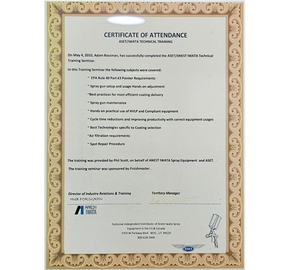 Certificate of Attendance in a frame, listing training topics and presenter signatures.