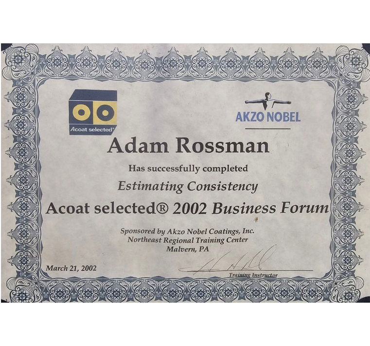 Certificate for Adam Rossman. Awarded by Akzo Nobel for completing 