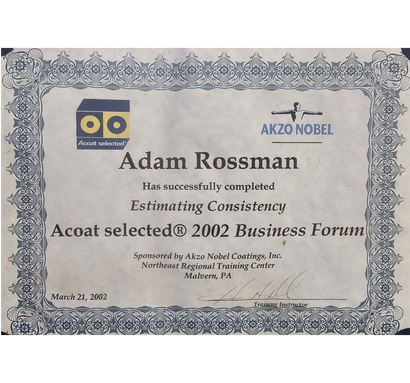 Certificate for Adam Rossman. Awarded by Akzo Nobel for completing 