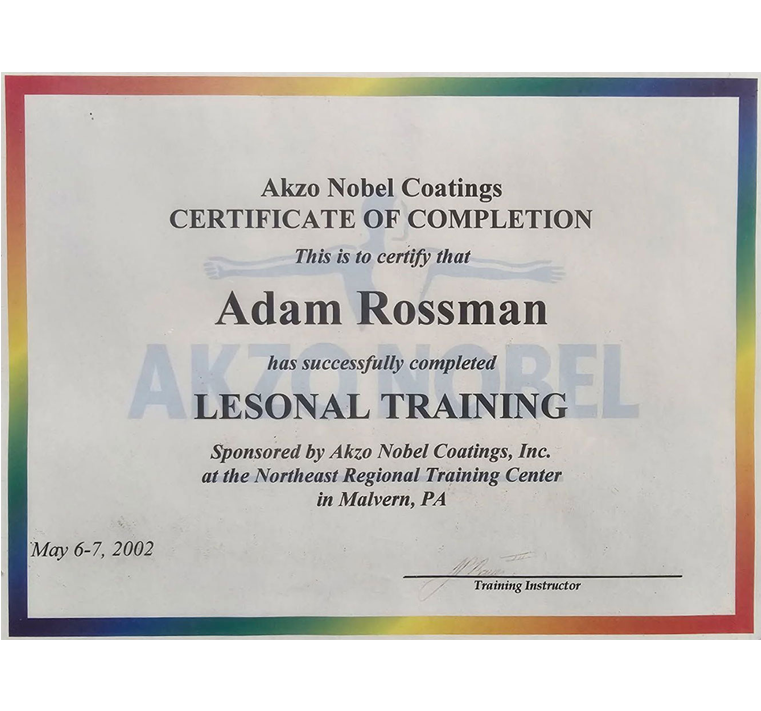 Certificate of completion from Akzo Nobel Coatings for Adam Rossman's Alesonal training in Malvern, PA, May 6-7, 2002.