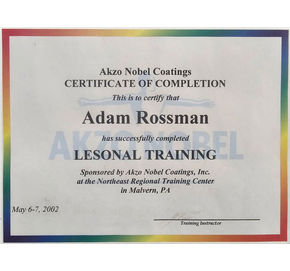 Certificate of completion from Akzo Nobel Coatings for Adam Rossman's Alesonal training in Malvern, PA, May 6-7, 2002.
