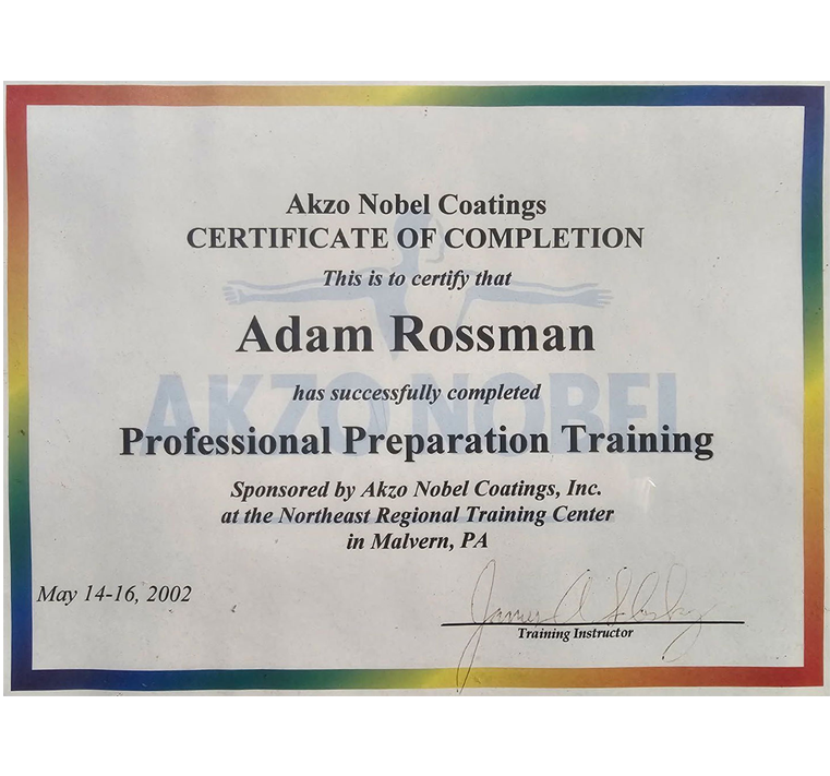 Certificate of completion from Akzo Nobel Coatings for Adam Rossman's Professional Preparation Training in Malvern, PA, May 14-16, 2002.