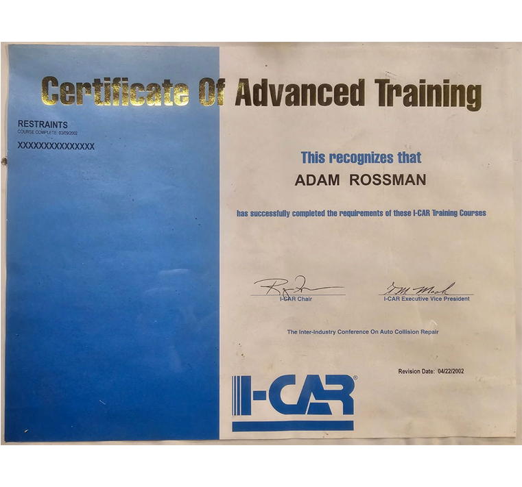 Certificate of Advanced Training for Adam Rossman from I-CAR, featuring a blue and white design and signatures.