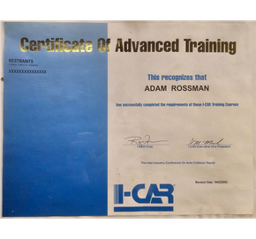 Certificate of Advanced Training for Adam Rossman from I-CAR, featuring a blue and white design and signatures.