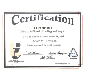 Certificate for metal and plastic bonding repair, issued to Adam M. Rossman on October 23, 2003, after 4 hours of training.