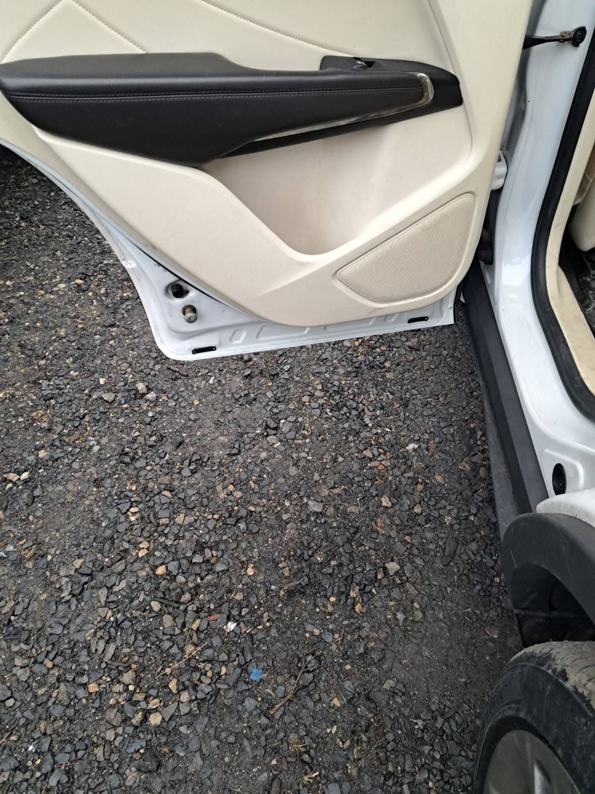The interior panel of a car door, featuring a cream-colored trim, a black armrest, and a speaker grille.