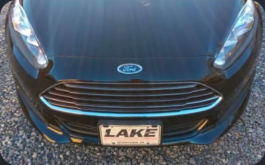 Front view of a black Ford car with a LAKE license plate