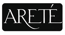 ARETE logo in white serif letters on a black background with a stylized accent over the E