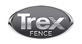 Trex Fence logo on a gray oval background. The logo reads 