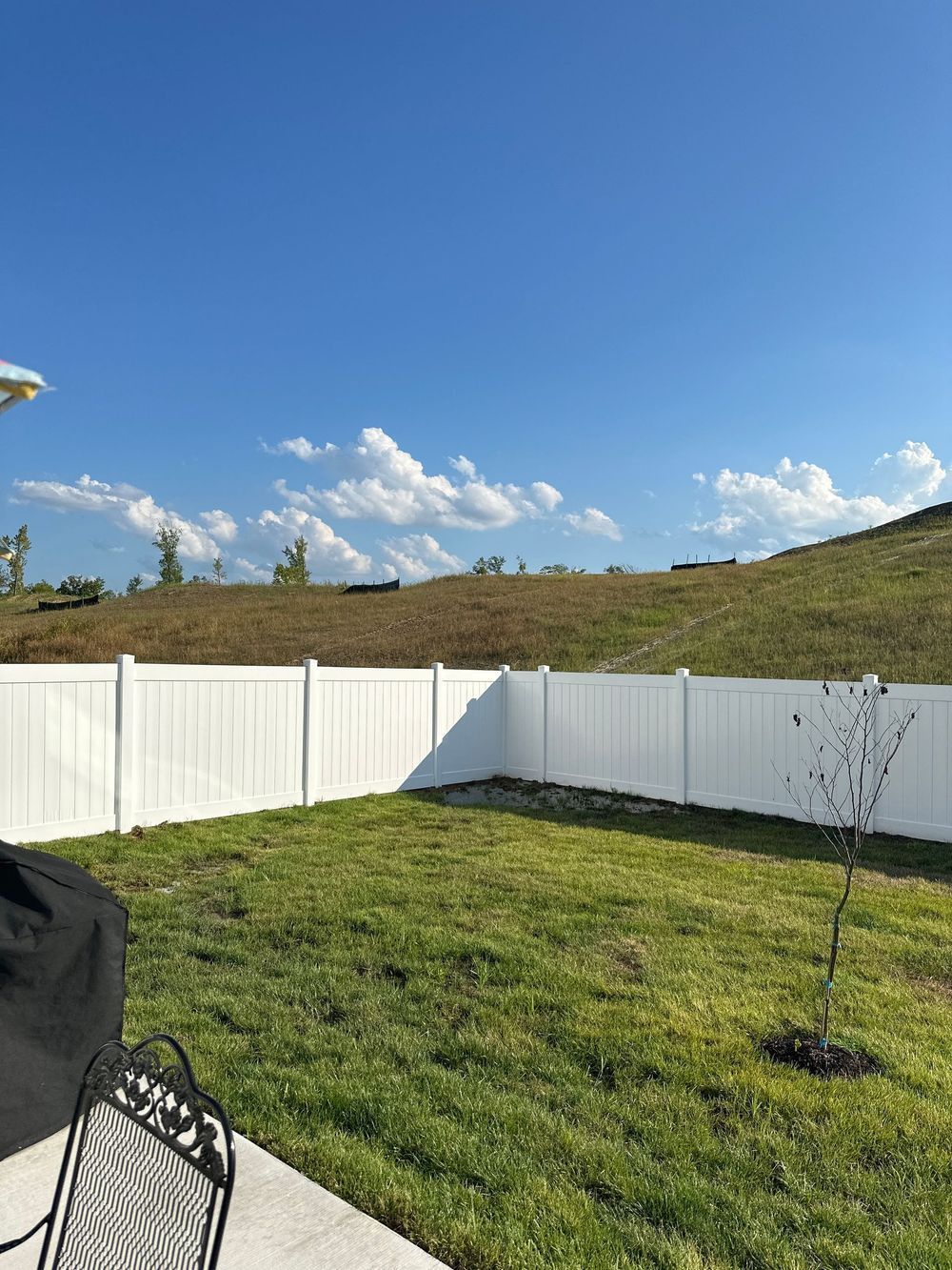 White fence encloses a green lawn, with a hillside and blue sky with clouds in the background.