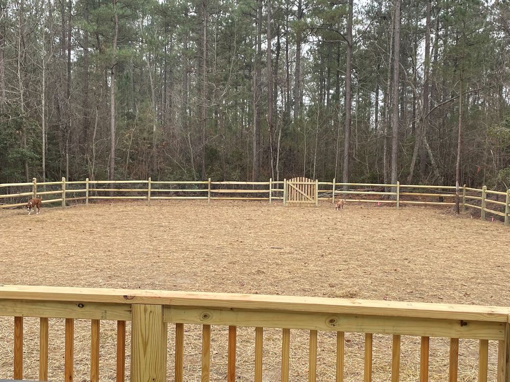 Wooden deck overlooking a fenced yard filled with wood chips, backed by a forest.
