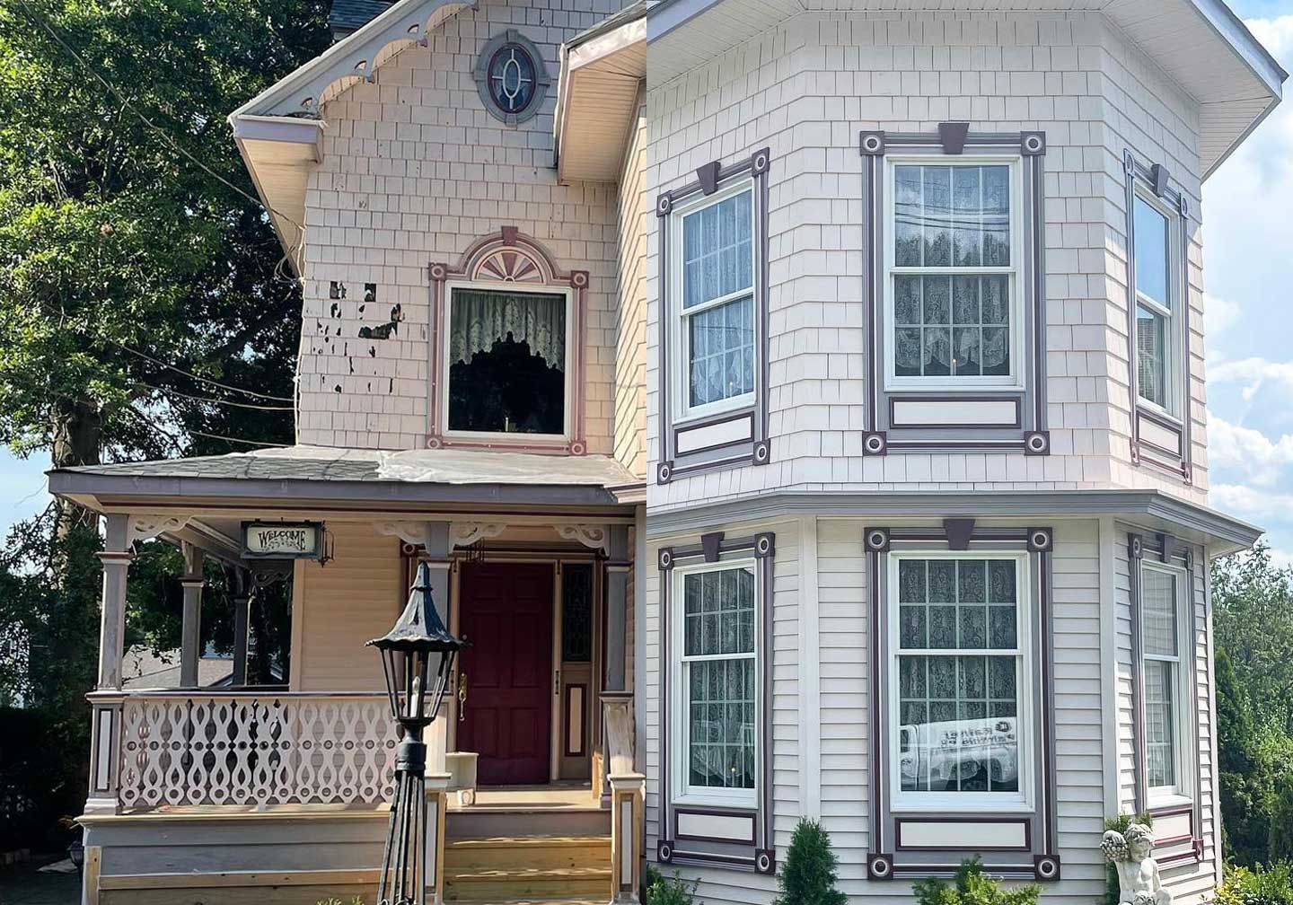 A white brick house with a red door and a porch.