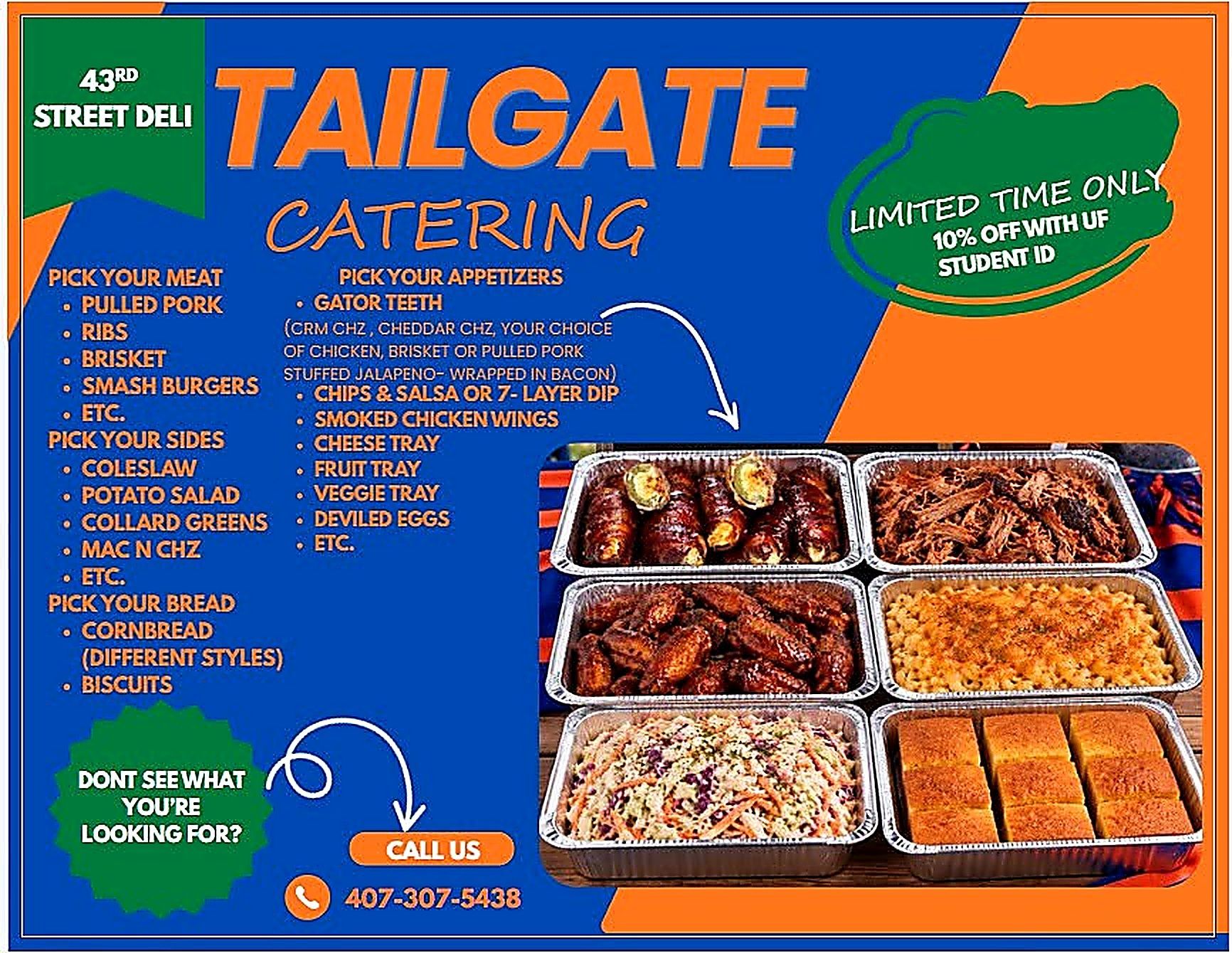 Blue Tailgate Catering menu flyer with barbecue trays and phone number, advertising limited-time offer.