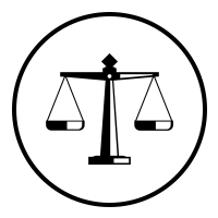 Black legal scales icon inside a circle, symbolizing justice or law