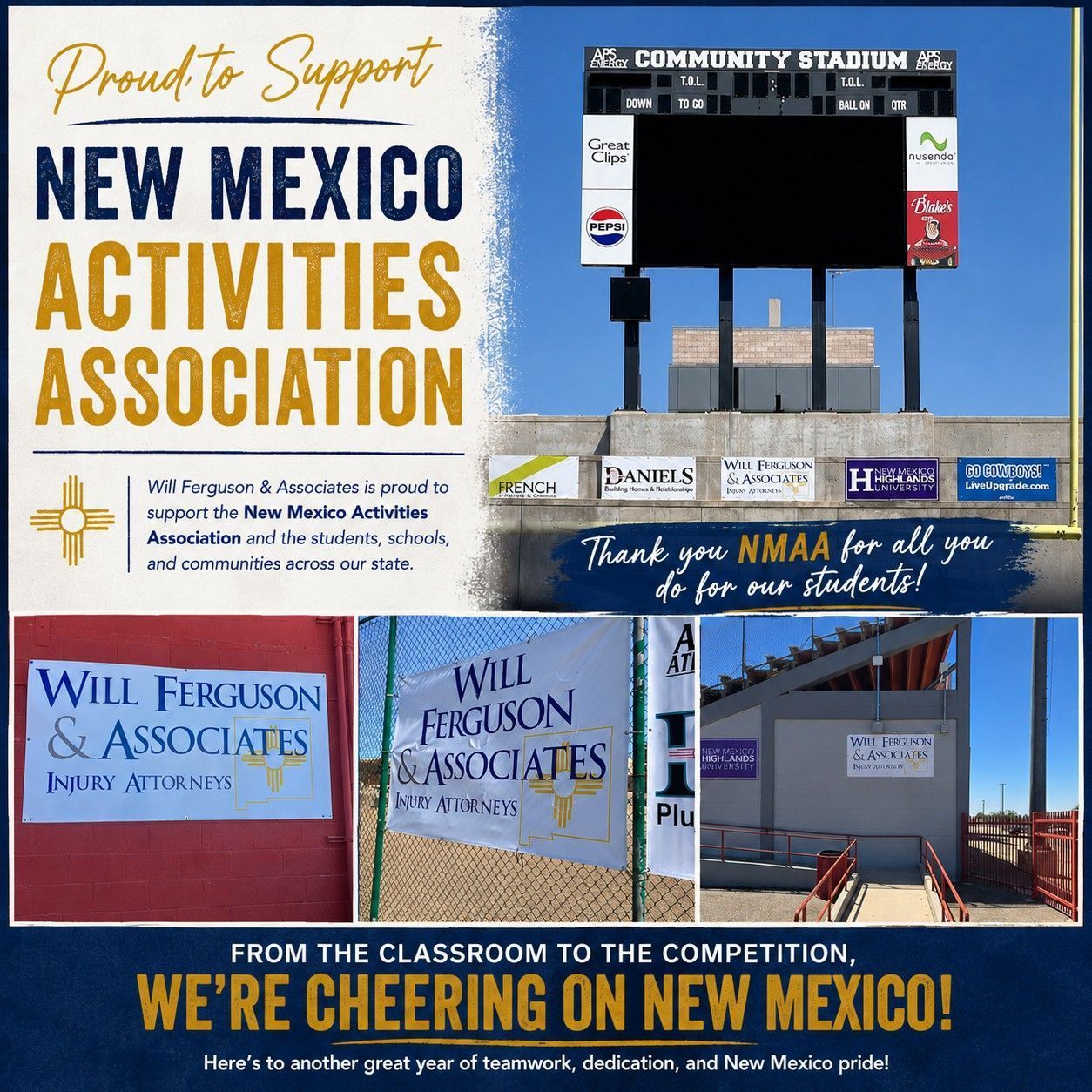 New Mexico Activities Association poster collage with blue sky, stadium sign, and “We’re cheering on New Mexico!”