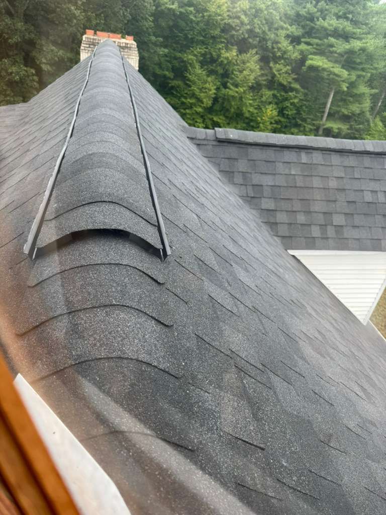 Dark gray shingled roof with a chimney and surrounding trees. Metal flashing visible.